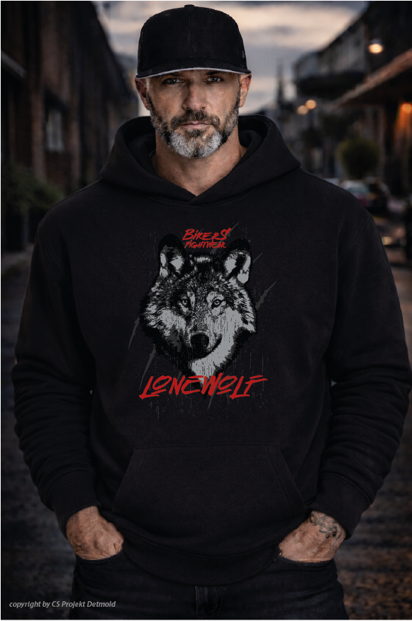 Bikers Fightwear – Lone Wolf Heavy Hoodie – Schwarz | Sand | Graumeliert