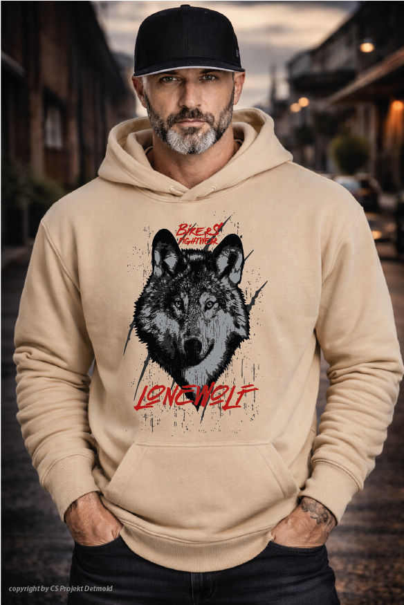 Bikers Fightwear – Lone Wolf Heavy Hoodie – Schwarz | Sand | Graumeliert