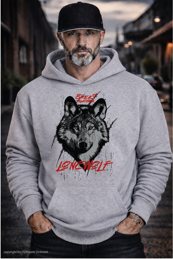 Bikers Fightwear – Lone Wolf Heavy Hoodie – Schwarz | Sand | Graumeliert