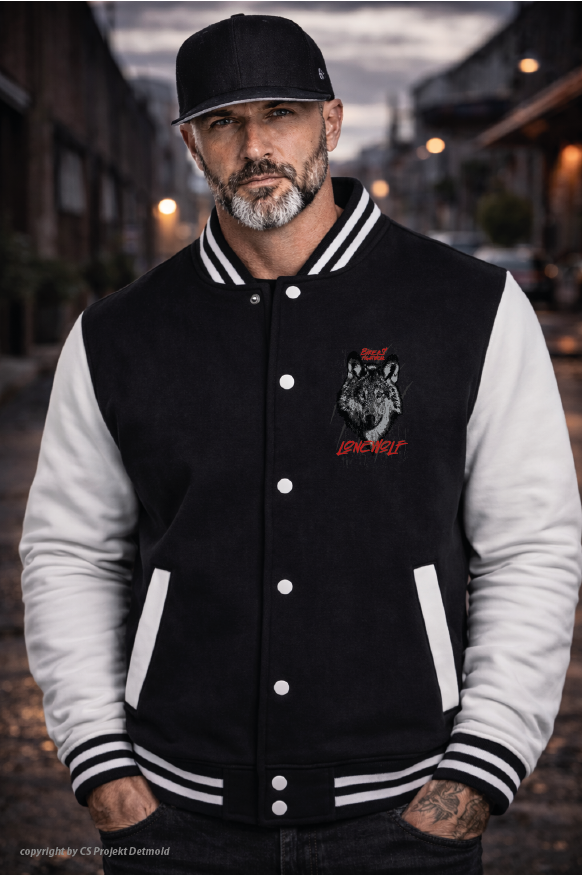 Bikers Fightwear – Lone Wolf College Jacke – Schwarz/Weiß
