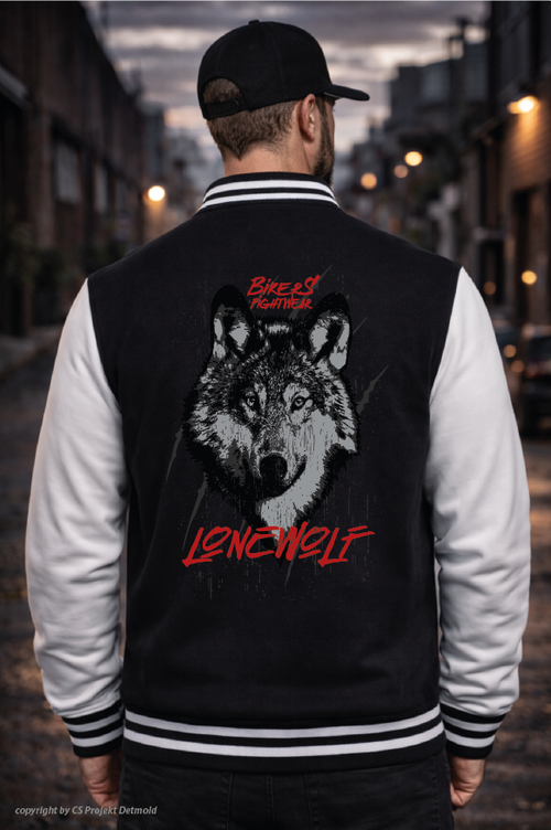 Bikers Fightwear – Lone Wolf College Jacke – Schwarz/Weiß