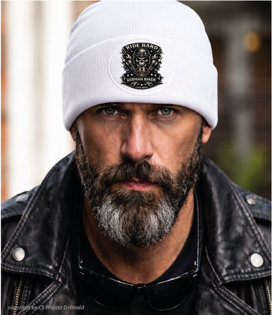 Ride Hard German Biker – Live Free Patch Beanie – Schwarz & Weiß