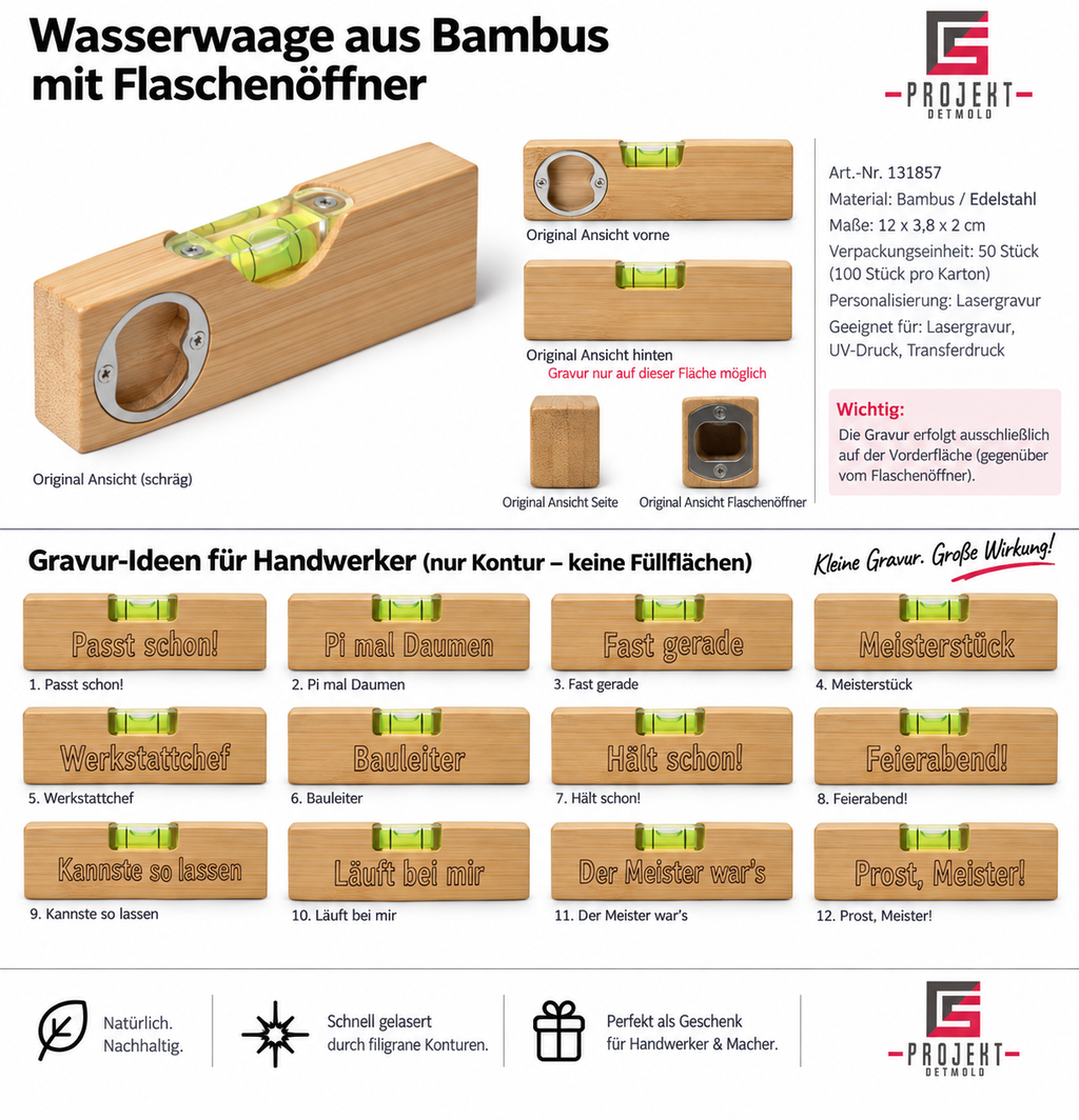 Bambus-Wasserwaage mit Flaschenöffner und Lasergravur – wähle deinen Lieblingsspruch oder lasse deinen Wunschnamen gravieren.