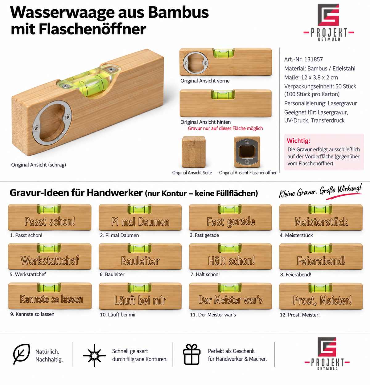 Bambus-Wasserwaage mit Flaschenöffner und Lasergravur – wähle deinen Lieblingsspruch oder lasse deinen Wunschnamen gravieren.
