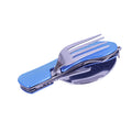 4-in-1 Campingbesteck – Löffel und Gabel ausgeklappt, blauer Griff