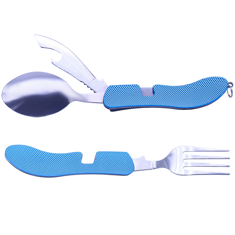 4-in-1 Campingbesteck – kompakt zusammengeklappt, blauer Griff