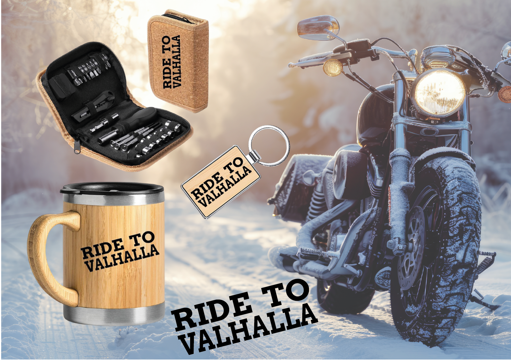 RIDE TO VALHALLA Geschenk Set Premium - Werkzeugset + Thermotasse + Schlüsselanhänger